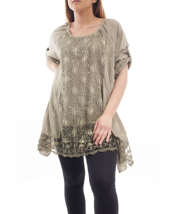 GRANDE TAILLE TUNIQUE DENTELLE PAILLETEE GT1073 VERT MILITAIRE