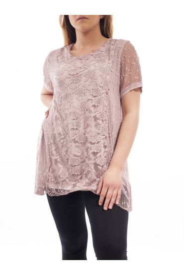 GRANDE TAILLE TUNIQUE MIX MATIERES GT1023 ROSE