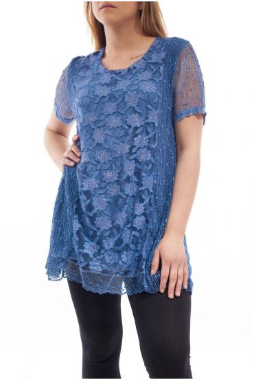 GRANDE TAILLE TUNIQUE MIX MATIERES GT1023 BLEU