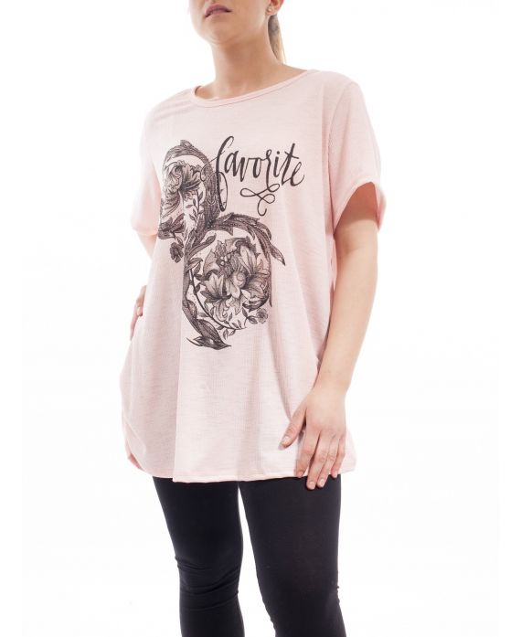 PLUS SIZE PRINTED STRASS T-SHIRT GT1028 ROSE