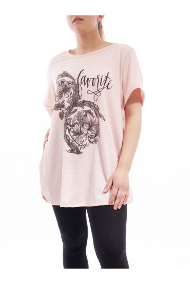 PLUS SIZE PRINTED STRASS T-SHIRT GT1028 ROSE