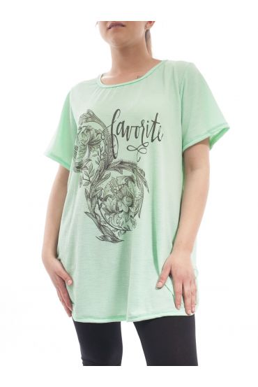 PLUS SIZE PRINTED STRASS T-SHIRT GT1028 PASTEL GREEN
