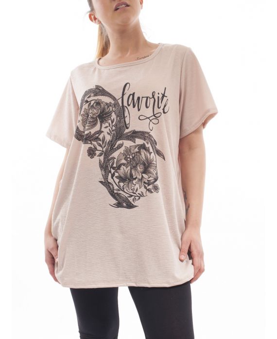 PLUS SIZE PRINTED STRASS T-SHIRT GT1028 BEIGE