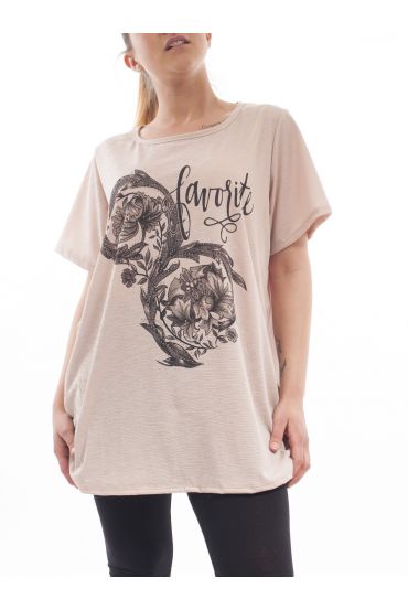 PLUS SIZE PRINTED STRASS T-SHIRT GT1028 BEIGE
