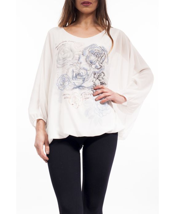 BLOUSE IMPRIMEE STRASS S9125 BLANC