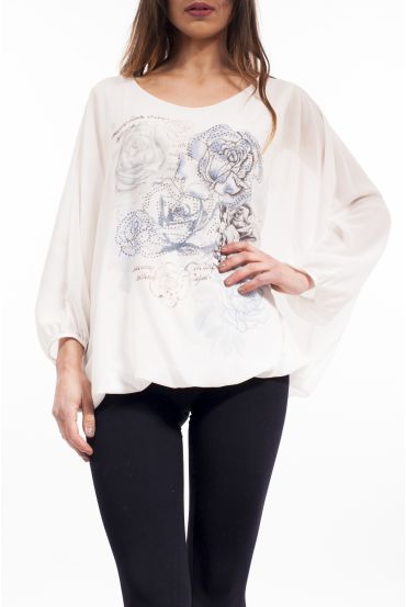 BLOUSE IMPRIMEE STRASS S9125 BLANC