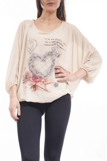TOP IMPRIME CŒUR S9149 BEIGE