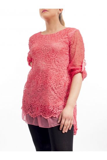 GRANDE TAILLE TUNIQUE MIX MATIERES GT1082 CORAIL