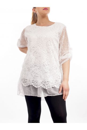 GRANDE TAILLE TUNIQUE MIX MATIERES GT1082 BLANC