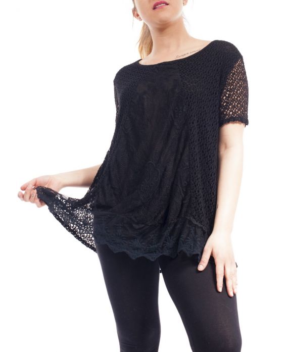 GRANDE TAILLE TSHIRT AJOURE DENTELLE GT1084 NOIR www.grossistepret