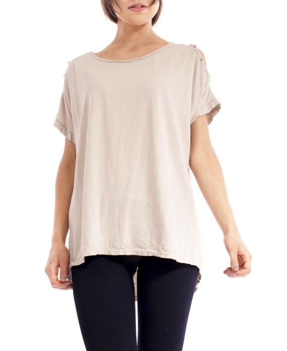 T-SHIRT STUDDED SHOULDERS S9192 BEIGE