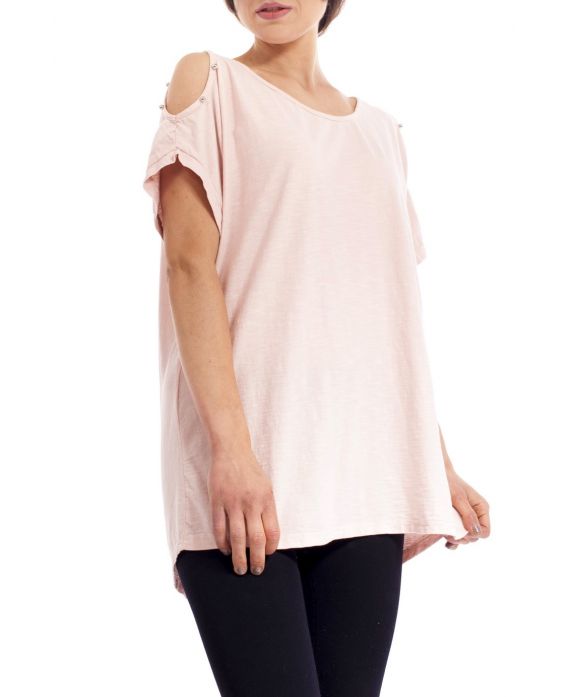T-SHIRT STUDDED SHOULDERS S9192 ROSE