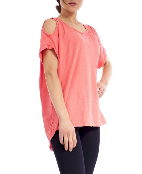 T-SHIRT STUDDED SHOULDERS S9192 CORAL