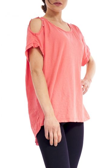T-SHIRT STUDDED SHOULDERS S9192 CORAL