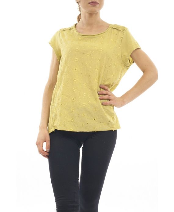 T-SHIRT BRODERIE S9223 VERT ANIS