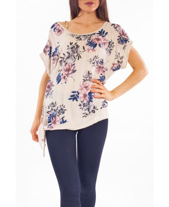 TOP FLEURS SEQUINS S9276 BEIGE