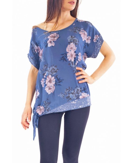 TOP FLEURS SEQUINS S9276 BLEU