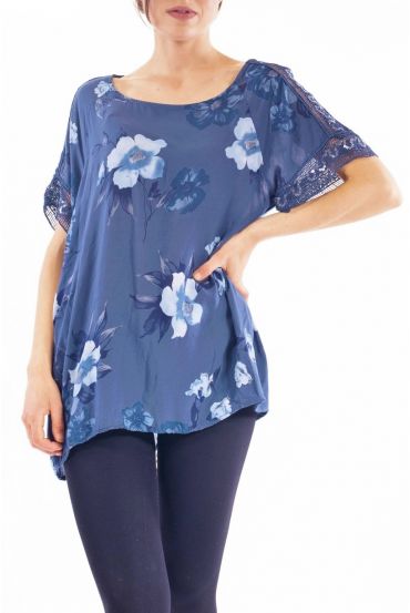 TOP IMPRIME DENTELLE S9274 BLEU MARINE