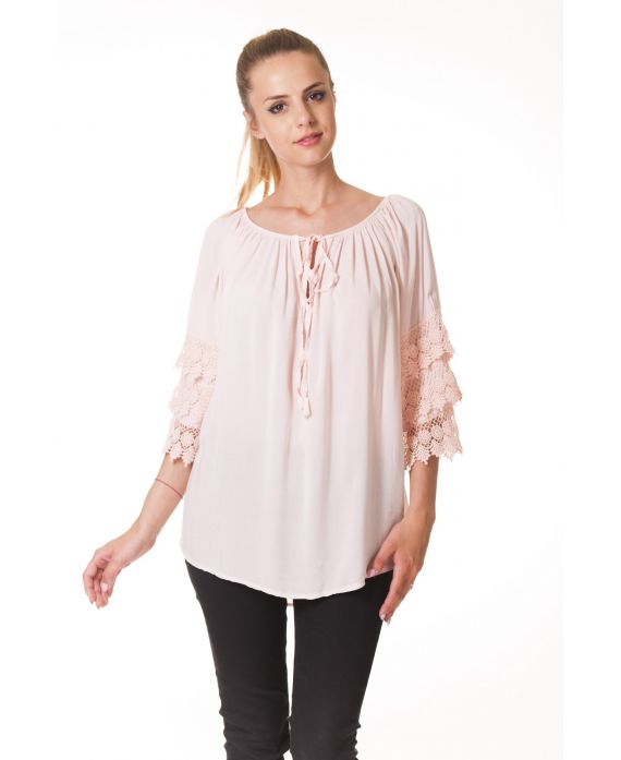 TUNICA MANICHE in PIZZO S9326 ROSA