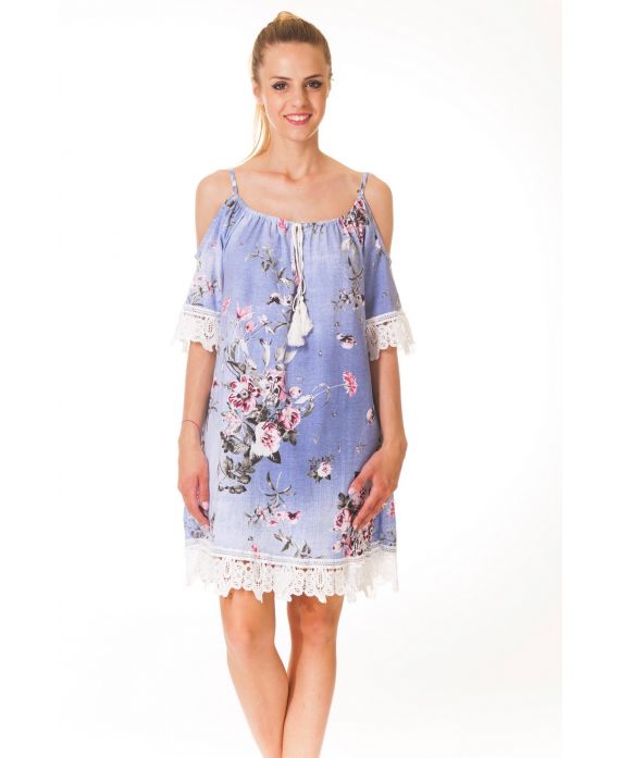 ROBE FLEURS S9351 BLEU CLAIR - www.grossiste-pret-a-porter.com
