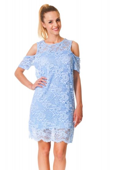 VESTIDO de ENCAJE de los HOMBROS DENUDEES S9320 AZUL