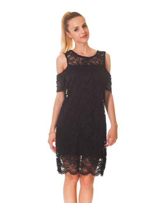 VESTIDO de ENCAJE de los HOMBROS DENUDEES S9320 NEGRO