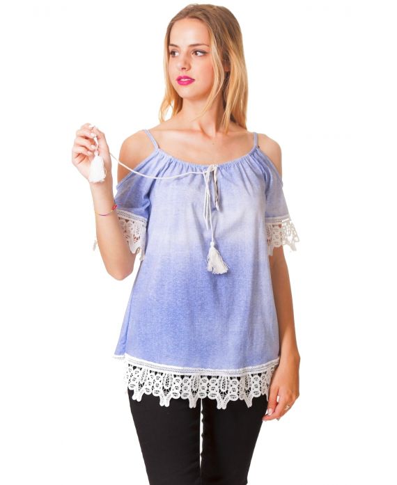 TOP de ENCAJE de los HOMBROS DENUDEES S9339 LUZ AZUL