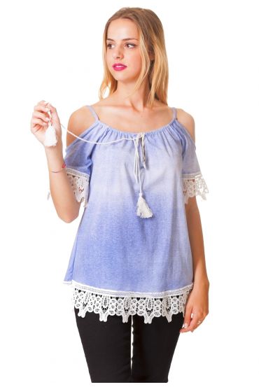 TOP de ENCAJE de los HOMBROS DENUDEES S9339 LUZ AZUL