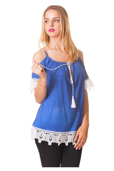 TOP de ENCAJE de los HOMBROS DENUDEES S9339 AZUL OSCURO