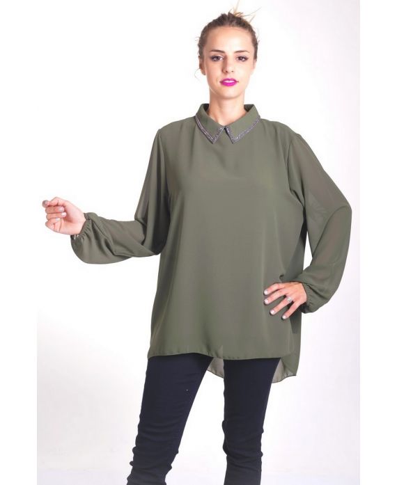 BLOUSE COL CLAUDINE STRASS 4051 VERT MILITAIRE
