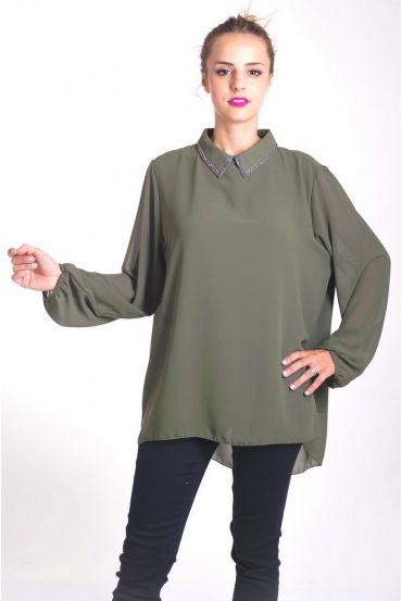 BLOUSE COL CLAUDINE STRASS 4051 MILITAIRE GROEN