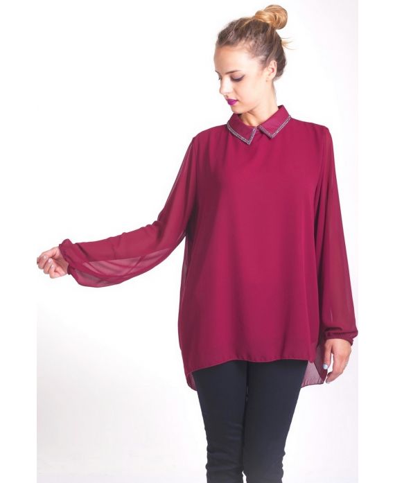 BLOUSE COL CLAUDINE STRASS 4051 BORDEAUX