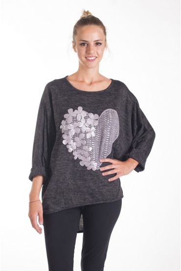 T-SHIRT FLOCAGE FLEURS 4079 NOIR