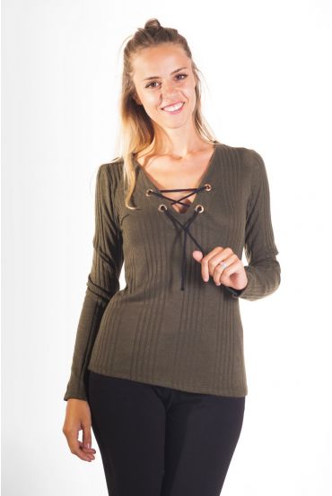SWEATER HAS LACE-UP 4065 KHAKI