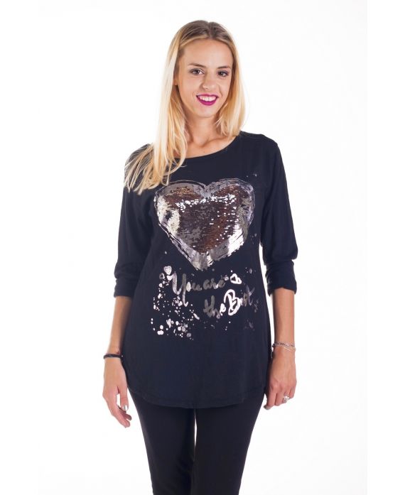 T-SHIRT SEQUIN HEART 4233 BLACK