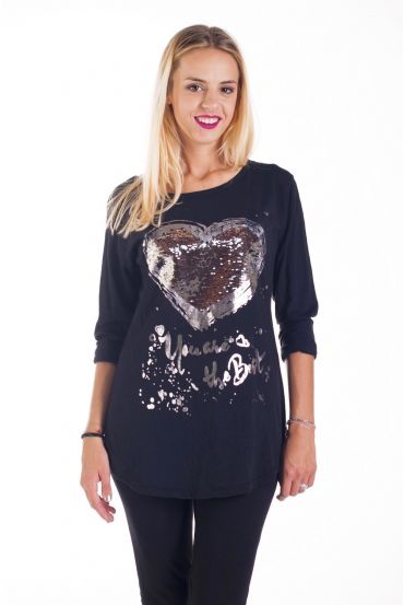 T-SHIRT SEQUIN HEART 4233 BLACK