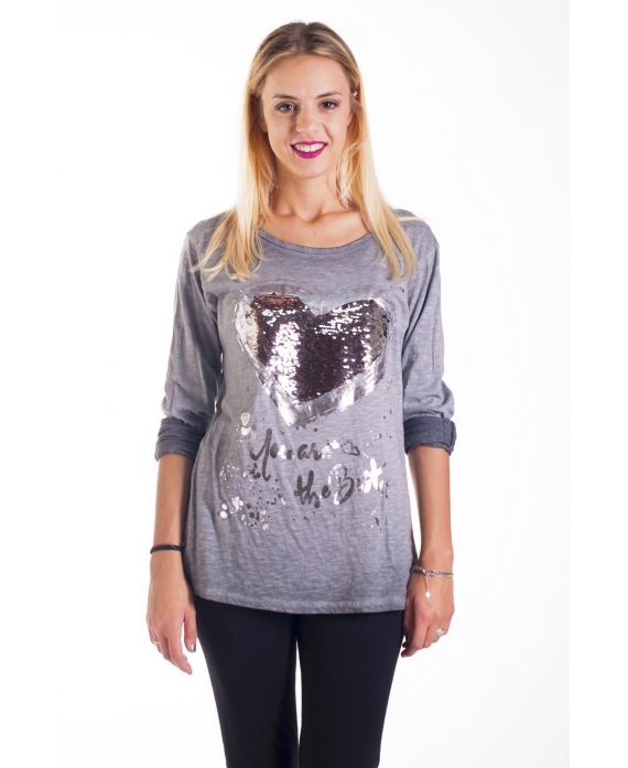 T-SHIRT SEQUIN HEART 4233 GRAY