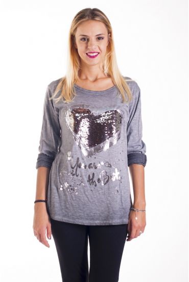 T-SHIRT SEQUIN HEART 4233 GRAY