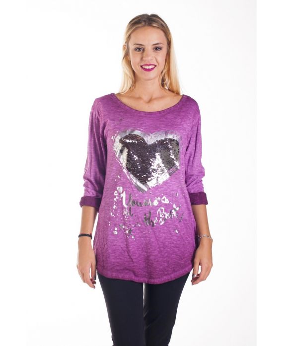 T-SHIRT SEQUIN HEART 4233 BORDEAUX