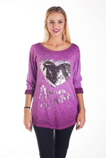T-SHIRT SEQUIN HEART 4233 BORDEAUX