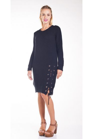 SWEATER DRESS HAS LACE-UP 4266 BLACK