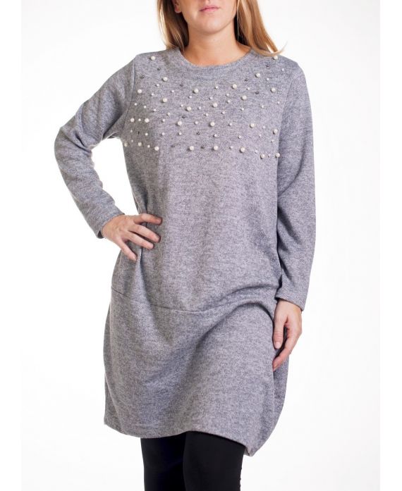 GRANDE TAILLE PULL ROBE PERLES 4279 GRIS www.grossiste pret a porter