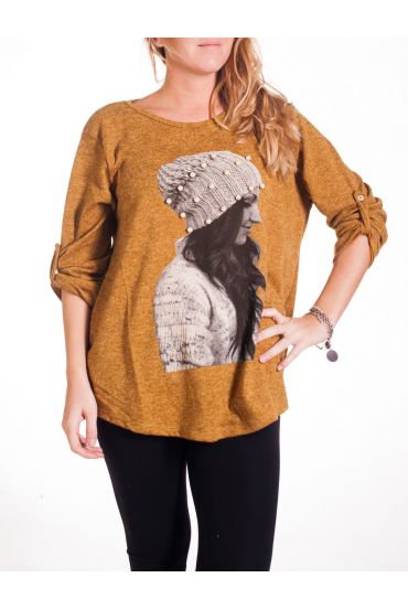 LARGE SIZE SWEATER PRINT WIFE 4344 MUSTARD