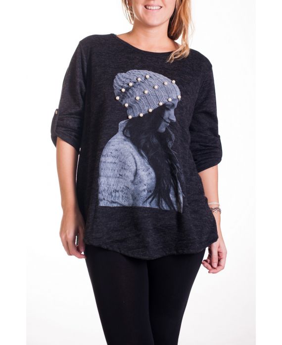 GRANDE TAILLE PULL IMPRIME FEMME 4344 NOIR