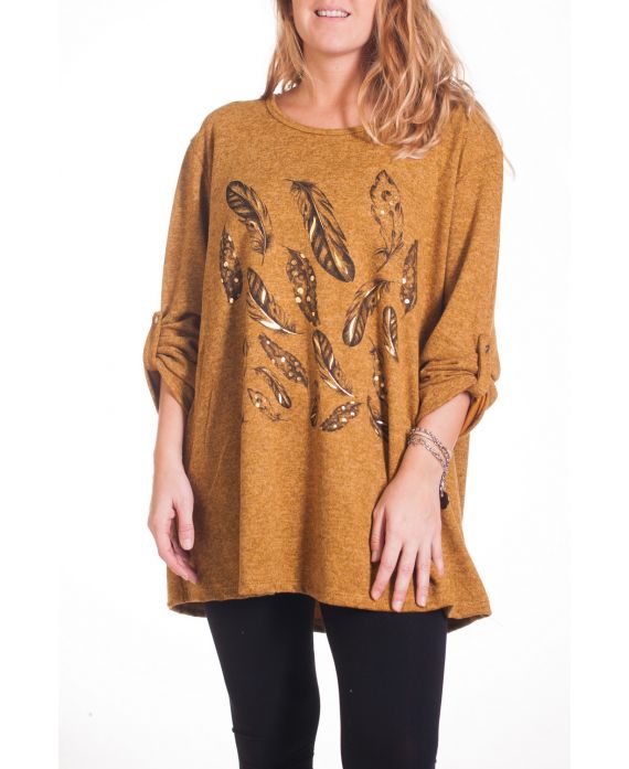 LARGE SIZE SWEATER PRINTS FEATHERS 4343 MUSTARD