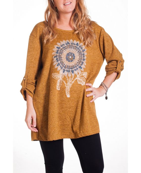 LARGE SIZE SWEATER PRINT FLOWER 4342 MUSTARD