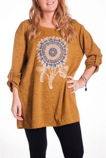 LARGE SIZE SWEATER PRINT FLOWER 4342 MUSTARD