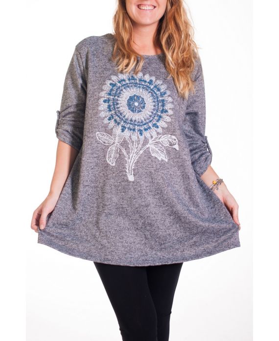 LARGE SIZE SWEATER PRINT FLOWER 4342 GREY