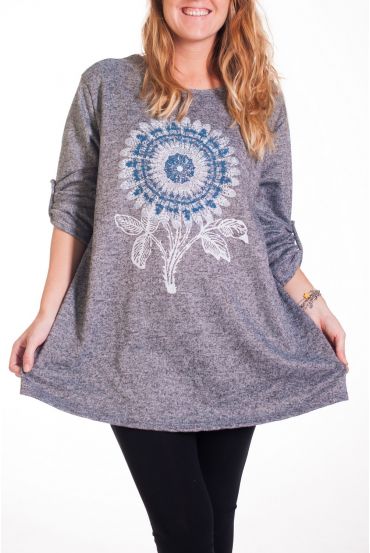 LARGE SIZE SWEATER PRINT FLOWER 4342 GREY