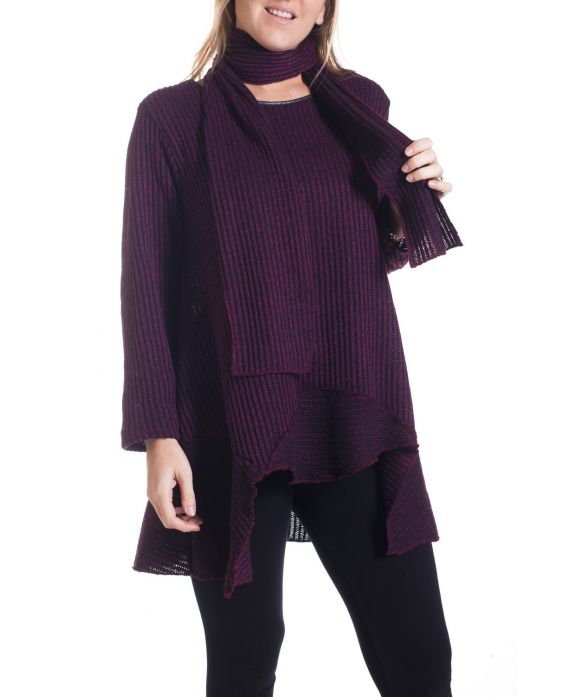DI GRANDI DIMENSIONI MAGLIONE TUNICA + SCIARPA 4351 BORDEAUX